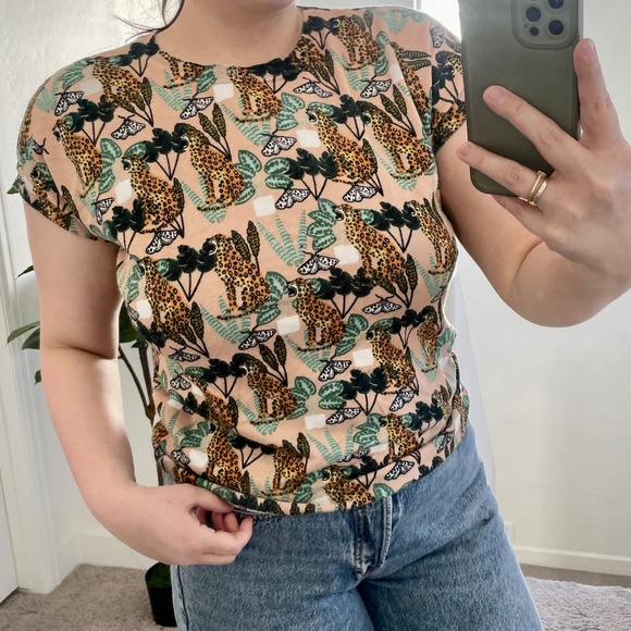 Feline-Printed Sweater Tee Hipster Boho Bohemian Cat Cheetah Pepaloves Blouse - Picture 1 of 10